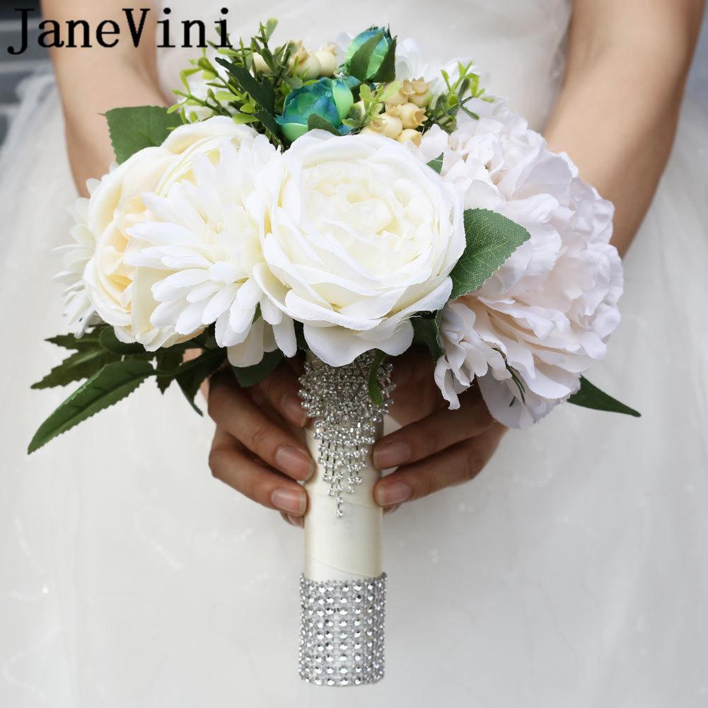 Изображение товара: JaneVini белый цветок свадебные букеты серебряные Стразы ручной работы Свадебный букет невесты Искусственный Пион Mariage аксессуары