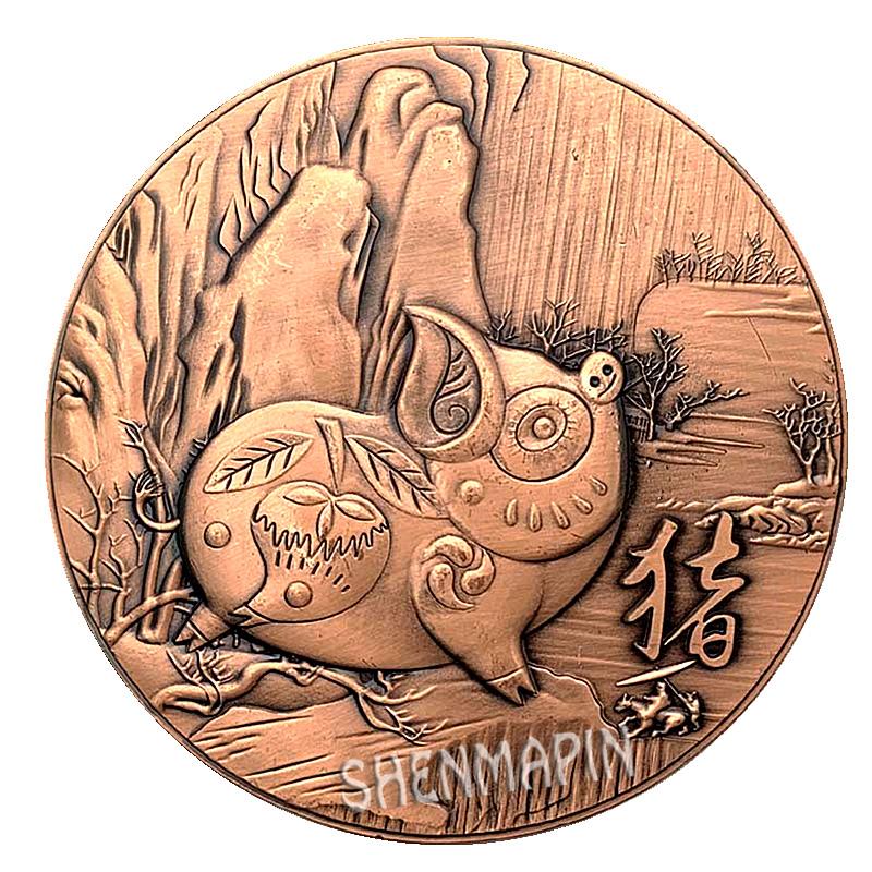 Изображение товара: Трехмерная рельефная двухсторонняя памятная монета свинья китайская культура Зодиак Свинья Красная Медь Искусство коллекционные монеты