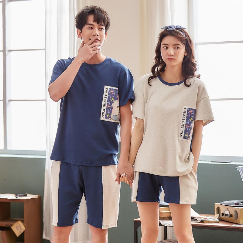 Изображение товара: Женские и мужские летние корейские хлопковые новые парные пуловеры пижамы с коротким рукавом тонкие удобные дышащие пижамные комплекты из двух предметов
