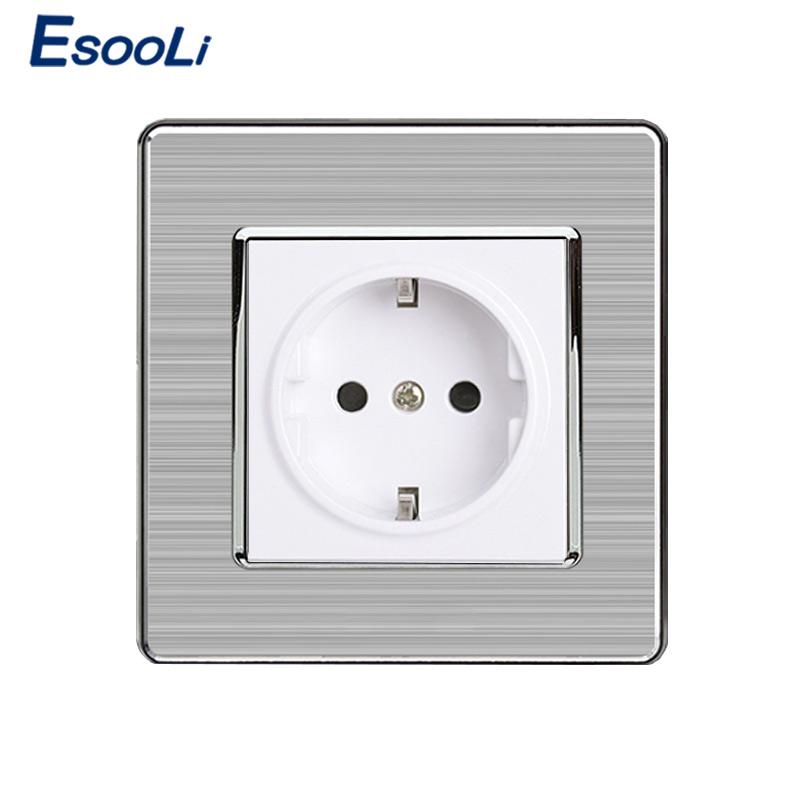 Изображение товара: Esooli 16A Европейская стандартная настенная розетка, роскошная электрическая розетка из нержавеющей стали, Матовая серебристая панель, электрическая розетка AC 110 ~ 250 В