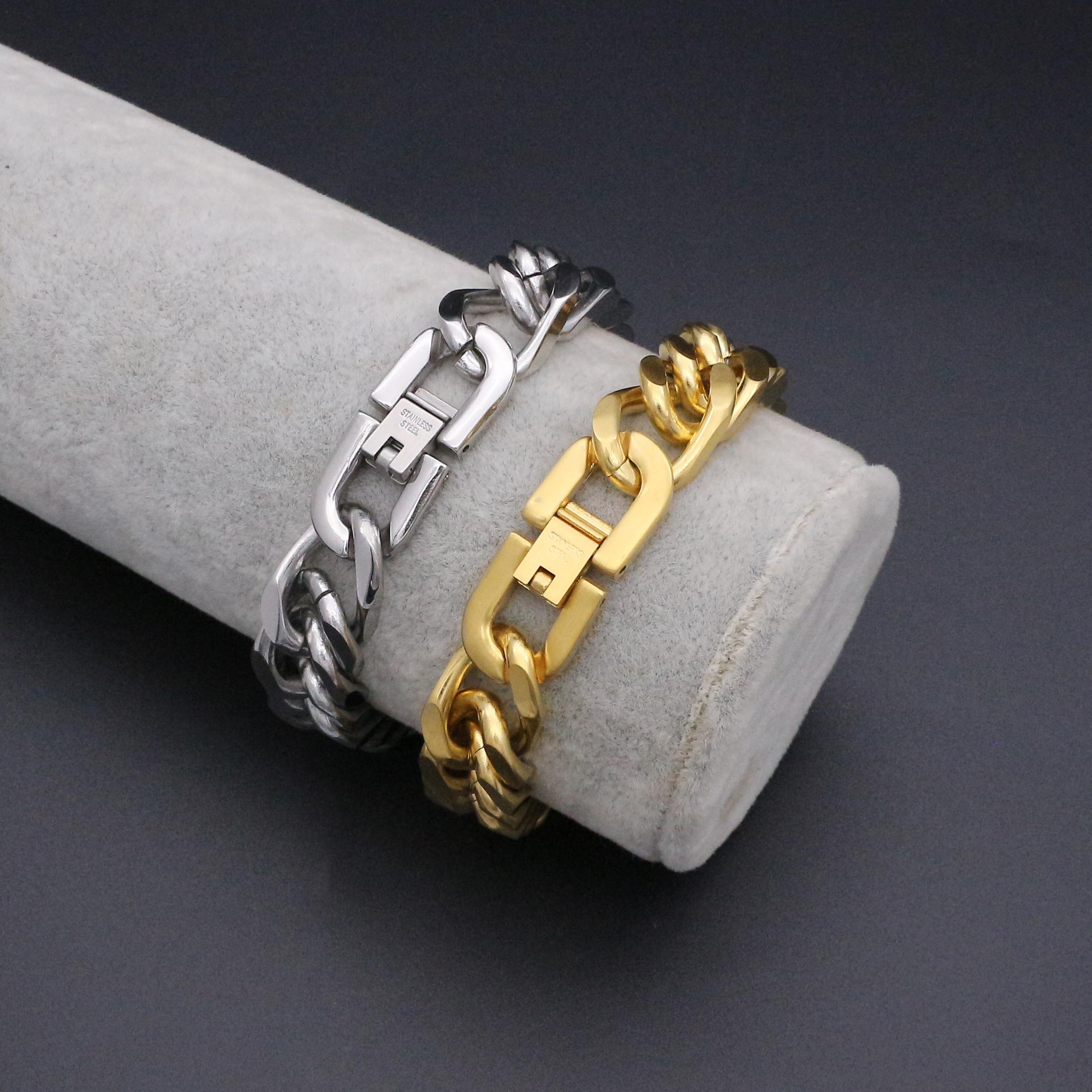 Изображение товара: Новый модный браслет для мужчин 12 мм и 21 см кубинские цепи и звенья браслет из нержавеющей стали золотой цвет браслет для мужчин лучший подарок