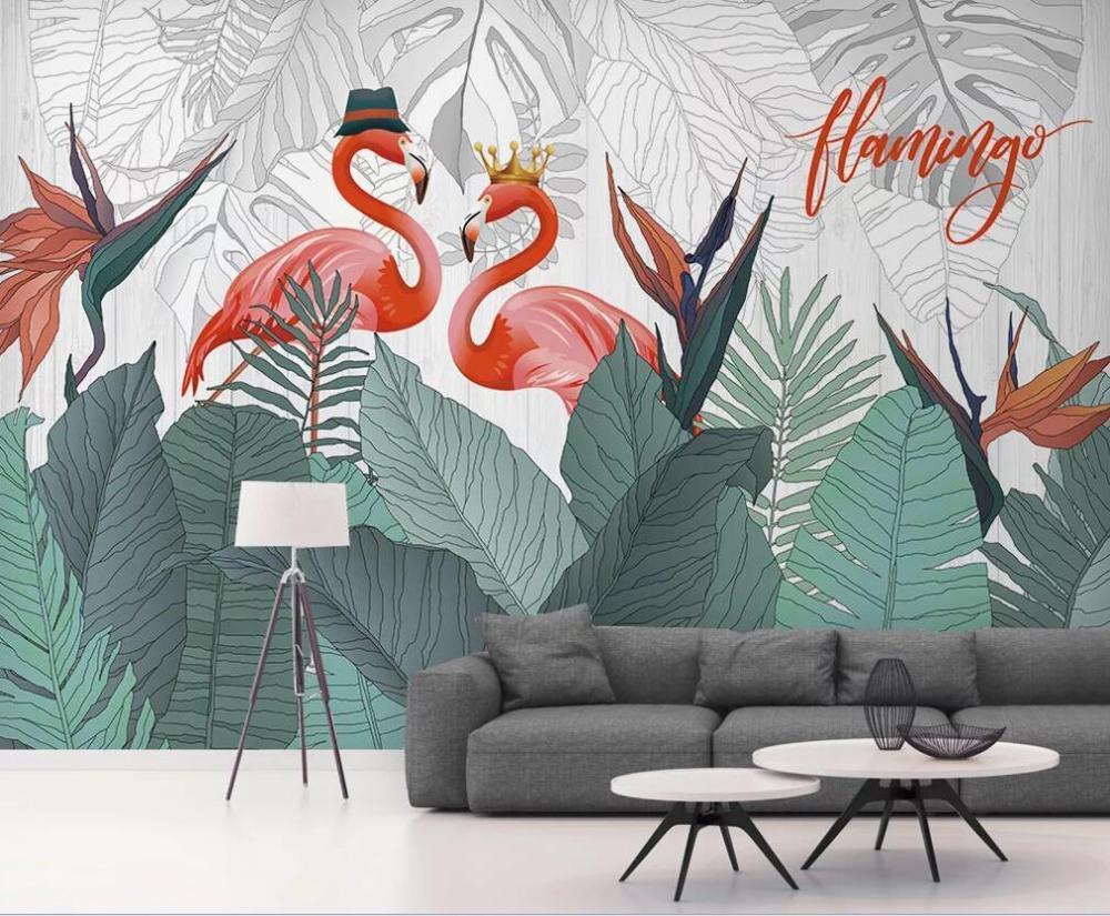 Изображение товара: 3D Настенные обои на заказ, фламинго, банан, лист, растение, фон, настенное украшение, живопись