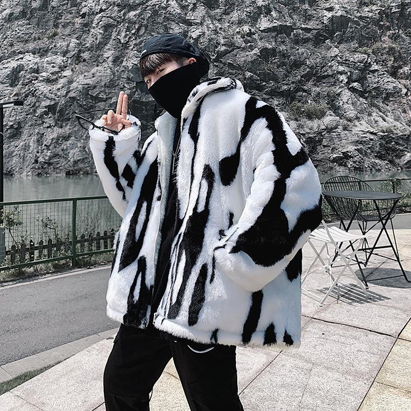 Изображение товара: Mens Hip-hop Casual Faux Fur White Black Turtleneck Warm Coat Thick Furry Fur Outwear Loose K32