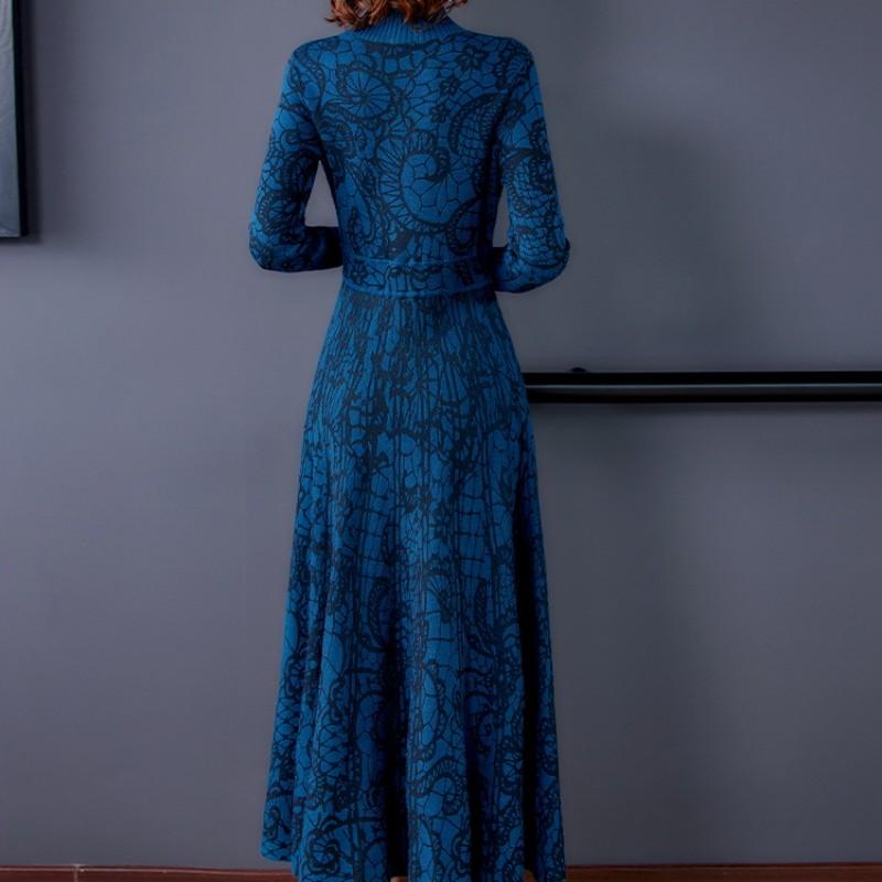 Изображение товара: Женское трикотажное платье-свитер, винтажное облегающее платье-трапеция средней длины, красного и синего цветов, Осень-зима 2021, размера плюс