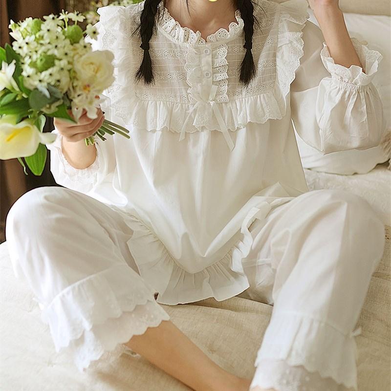 Изображение товара: Милый дизайн с воротником-стойкой, женские белые костюмы для сна из мягкого хлопка с длинным рукавом, костюмы на весну и осень