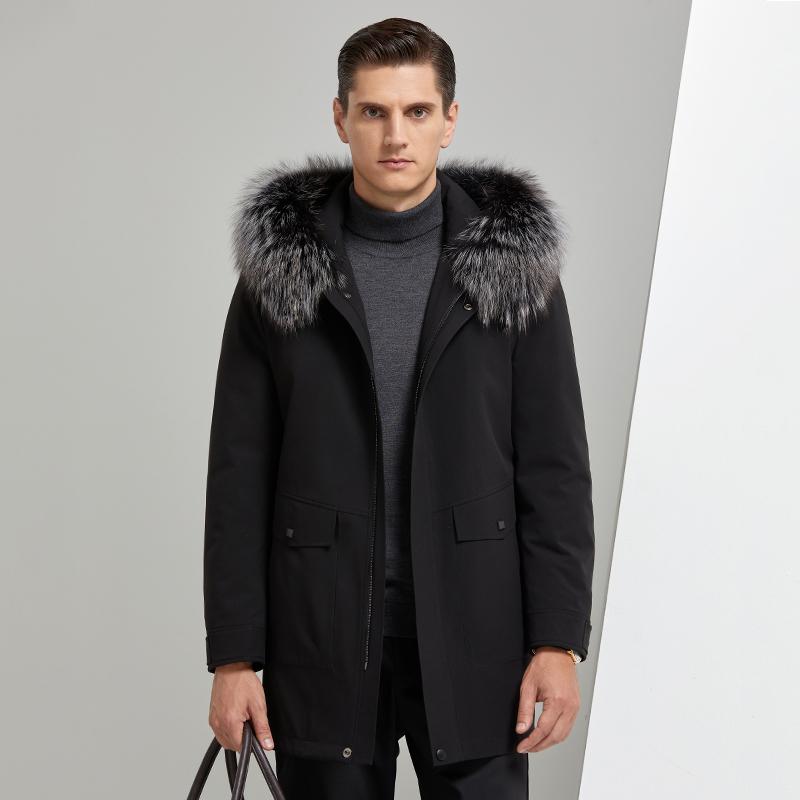 Изображение товара: 2020 новая дизайнерская мужская одежда, зимняя куртка средней длины с кроличьим подкладом, мужское черное пальто с меховым воротником и капюшоном, зимняя мужская куртка, M-4XL