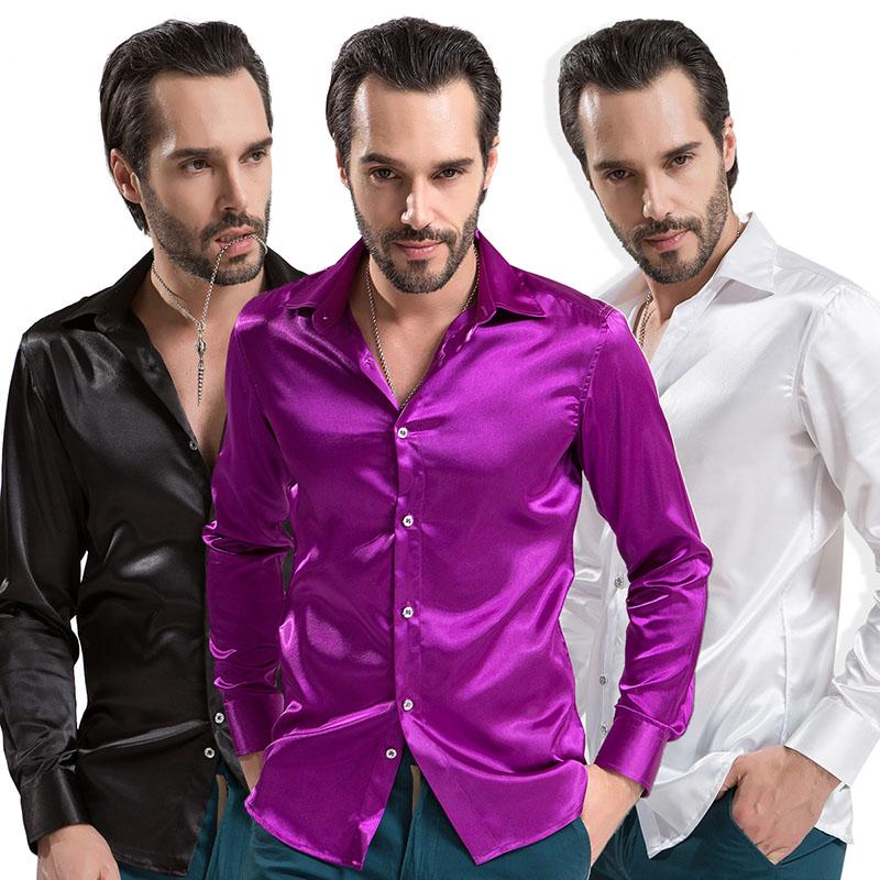Изображение товара: Мужская однотонная шелковая рубашка, банкетный костюм, вечерние мужские платья для выступлений, сексуальная одежда из поплина с длинными рукавами