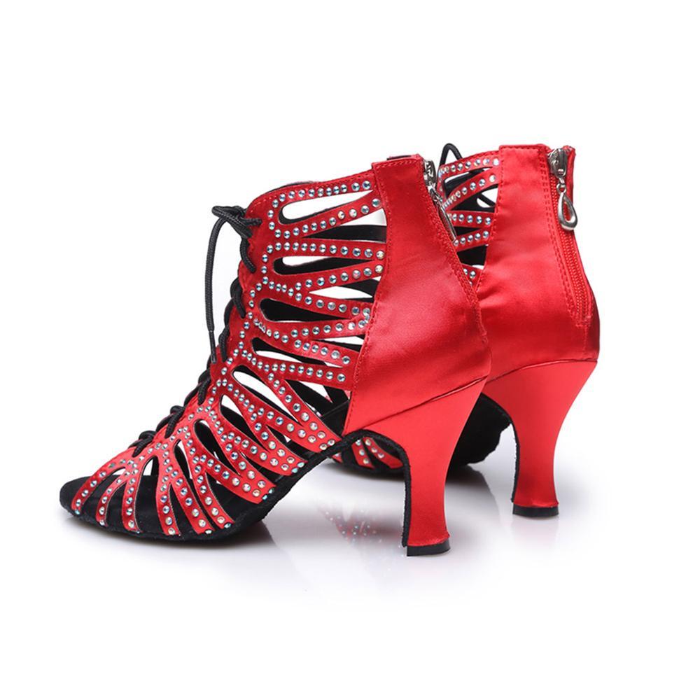 Изображение товара: DKZSYIM/Женская обувь для латинских танцев золотистого цвета; Сатиновые и стразы; Обувь для сальсы с регулируемым подъемом; Обувь для танцев на шнуровке; Мягкая подошва на молнии; 2020