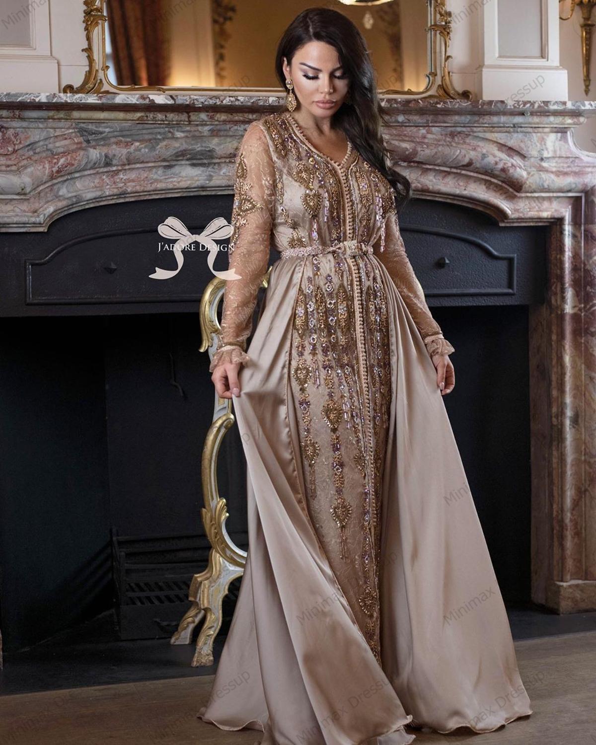 Изображение товара: Женское арабское вечернее платье, цвет хаки, дубический, с бисером, Кристаллами, марокканский кафтан, мусульманское, для особых случаев