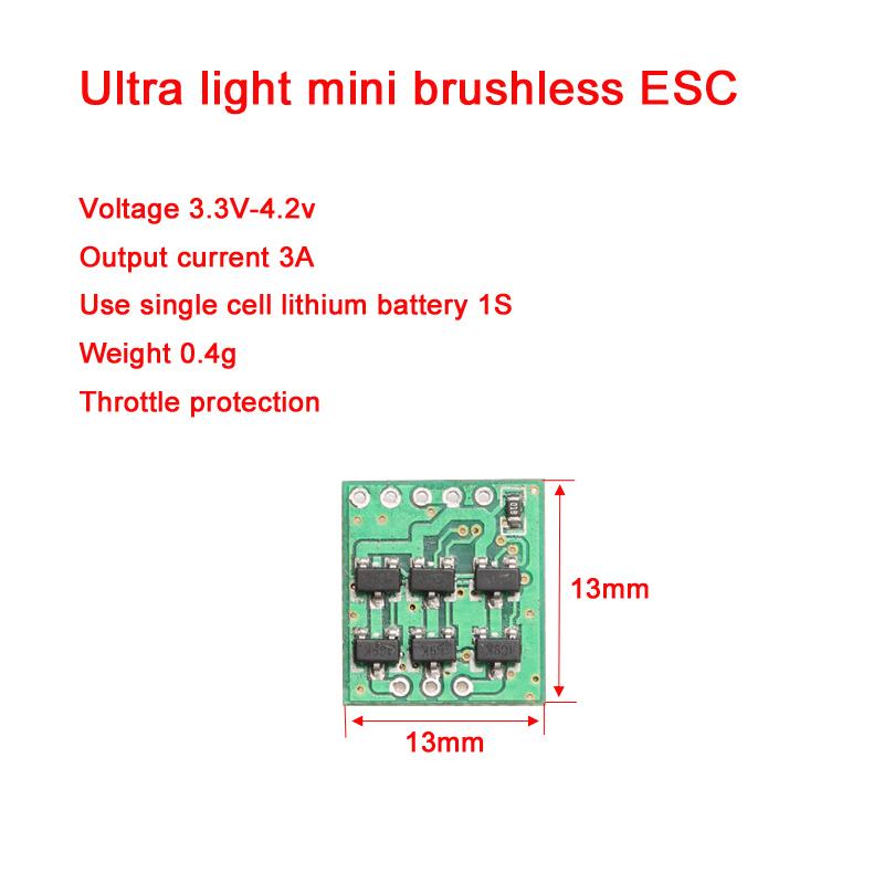 Изображение товара: 2 шт., Бесщеточный Мини-модуль 3 А ESC 1S Lipo 3,3-4,2 в, плата управления скоростью 13x13 мм для 3g, фотоэлектрический двигатель, FPV, микро-Дрон, сделай сам