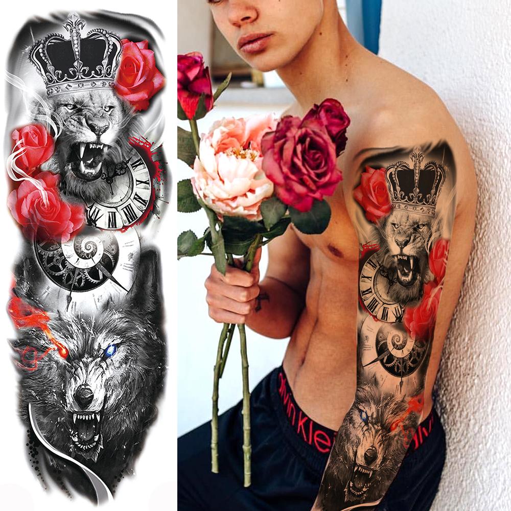 Изображение товара: Лев Король Гладиатор временные рукава с татуировками для мужчин женщин мужчин взрослых Поддельные Тигр Койот Реалистичная роза татуировки Полный татуировки на руке стикер