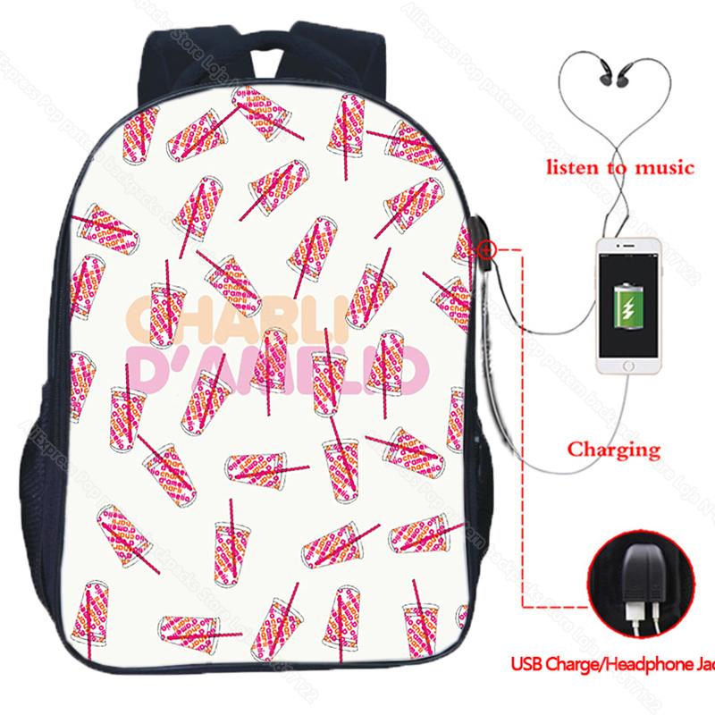 Изображение товара: Горячая Распродажа, рюкзак Charli Damelio для мальчиков и девочек, школьные сумки для мужчин, женщин и мужчин, двухслойный рюкзак для ноутбука, детский рюкзак для подростков, USB, дорожный рюкзак
