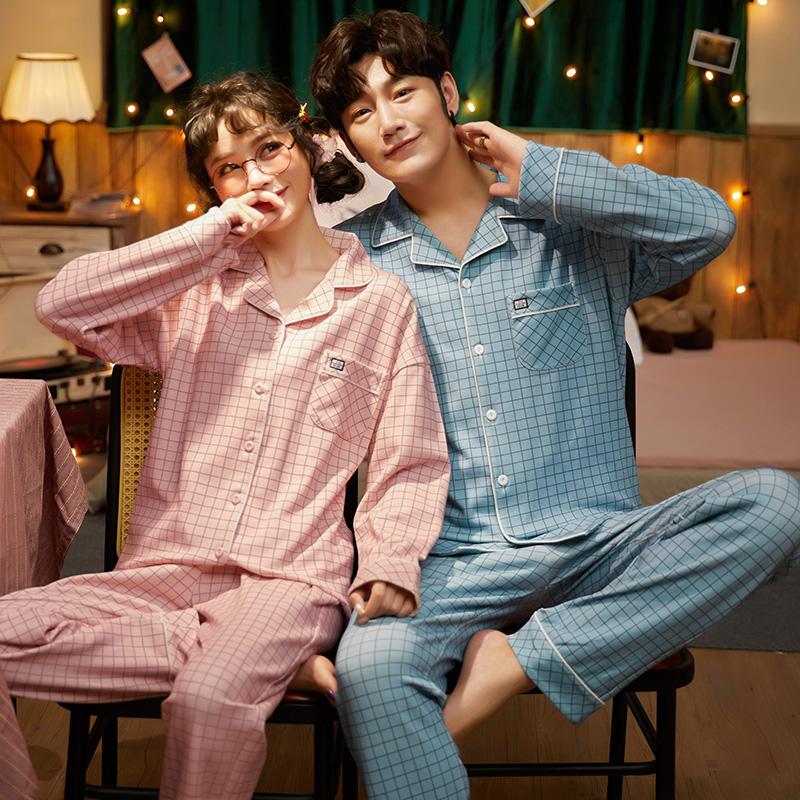 Изображение товара: Пижамный комплект для пар, осень 2020, 100% хлопок, свободная Пижама, для женщин, мужчин, домашняя одежда с длинным рукавом, ночные рубашки, пижамный комплект в клетку
