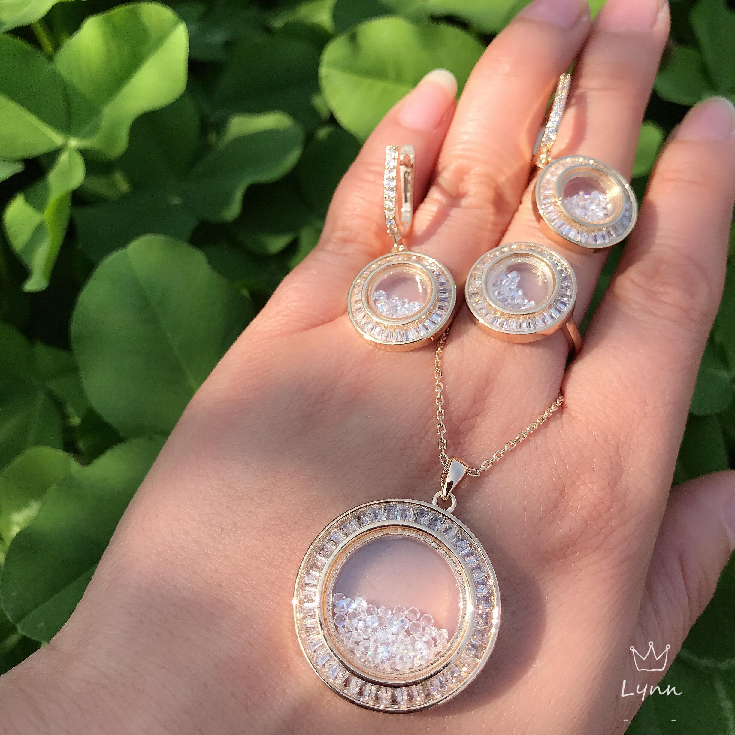 Изображение товара: Роскошный круглый кулон для влюбленных, кубический циркон, ожерелье, серьги, кольцо, набор украшений для женщин, свадебные украшения из Дубая, D1398