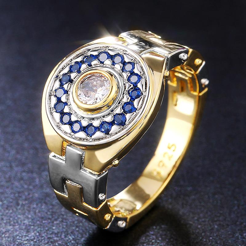 Изображение товара: Huitan Модные женские обручальные кольца в форме часов двухцветный дизайн Блестящий кубический цирконий Уникальные женские кольца обручальные ювелирные изделия