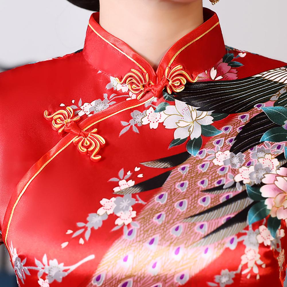 Изображение товара: Женское китайское длинное облегающее платье средней длины с рукавом 3/4 и павлином