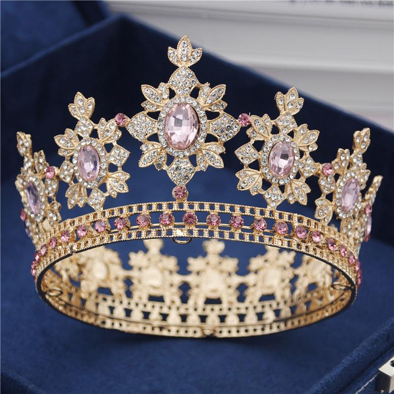 Изображение товара: Королевский Король, великолепный кристалл, круглая корона, Золотая диадема свадебная диадема, украшения для волос, свадебные украшения для волос, конкурсов