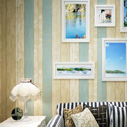Изображение товара: Голубые средиземноморские нетканые обои с имитацией древесины, ретро ностальгические обои в полоску для спальни, гостиной, фона телевизора