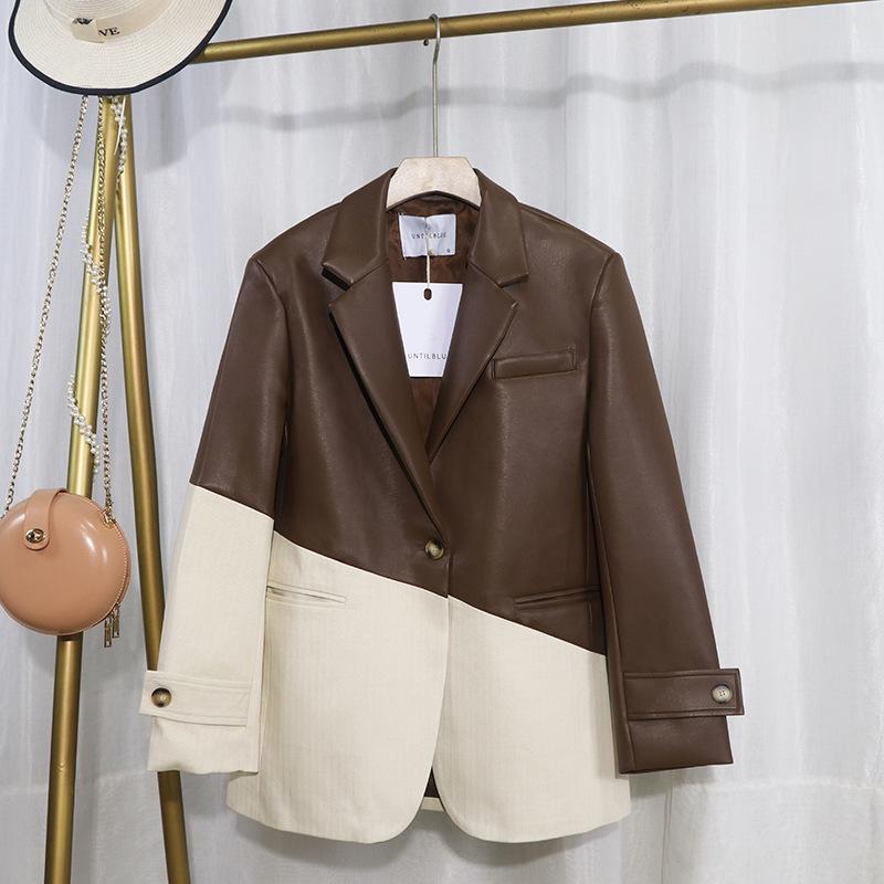 Изображение товара: Универсальная одежда на одной пуговице, осень 2020, новая свободная одежда в Корейском стиле большого размера, пальто из искусственной кожи в стиле пэчворк для женщин C245
