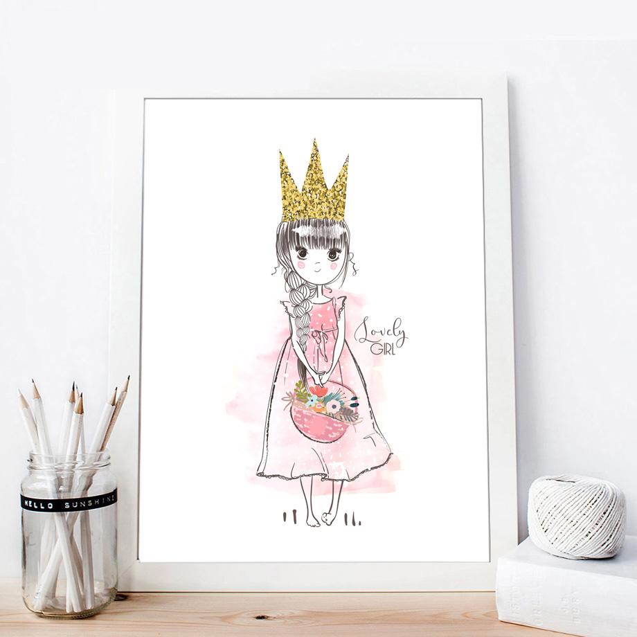 Изображение товара: Принцесса Девочка корона цветок скандинавские плакаты и принты настенная Картина на холсте Мультяшные настенные картины для ребенка Декор детской комнаты