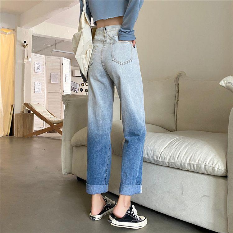 Изображение товара: Прямые джинсы с градиентом цвета, женские брюки с высокой талией, джинсы с широкими штанинами, брюки синего цвета, уличная одежда, винтажные качественные брюки в стиле Харадзюку