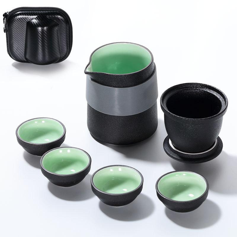 Изображение товара: Черная керамика портативный экспресс один горшок четыре чашки Открытый Путешествия Чайный набор Офис Бизнес подарки