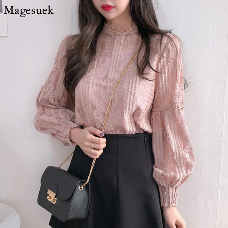 Изображение товара: Женская винтажная блузка с длинным рукавом, розовая однотонная кружевная рубашка с буффами на рукавах, весна 6899 50