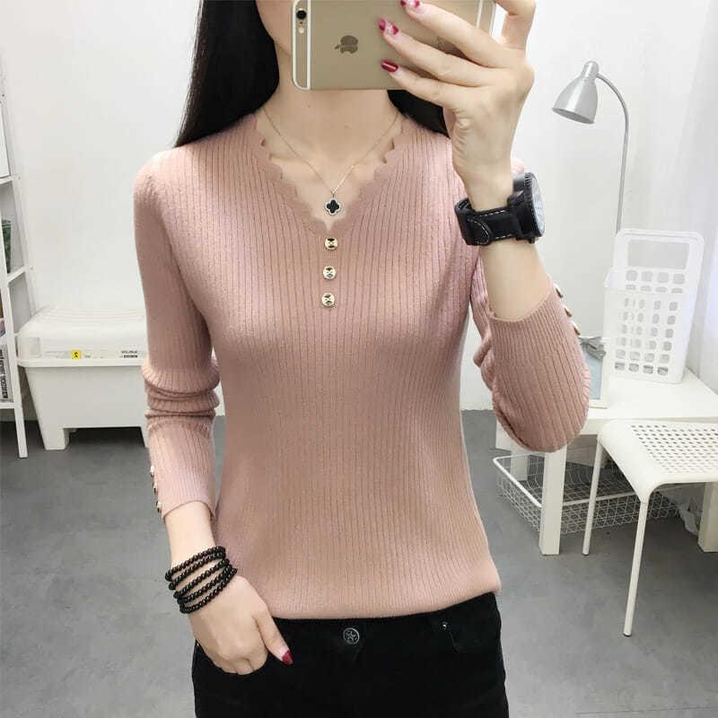 Изображение товара: Women's Button V-neck Sweater Spring Autumn Loose Tops Knit Sweater Solid Color Harajuku Pullover Plus Size Bottoming Shirt New
