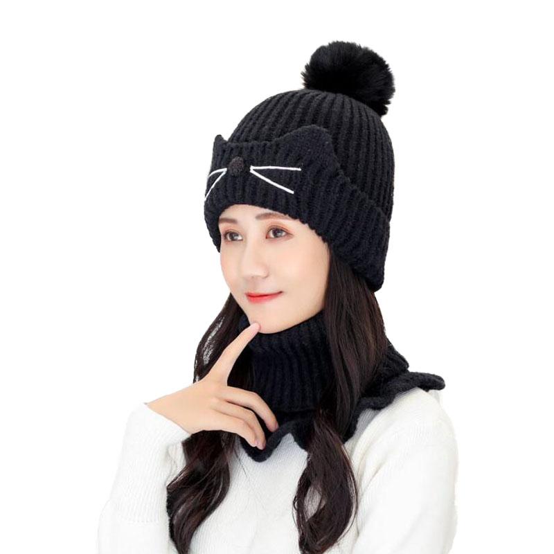 Изображение товара: Новая женская шапка, зимняя шапка, вязаная шапка, шарф, шапка, шапка для девушек с меховым помпоном, женская шапка
