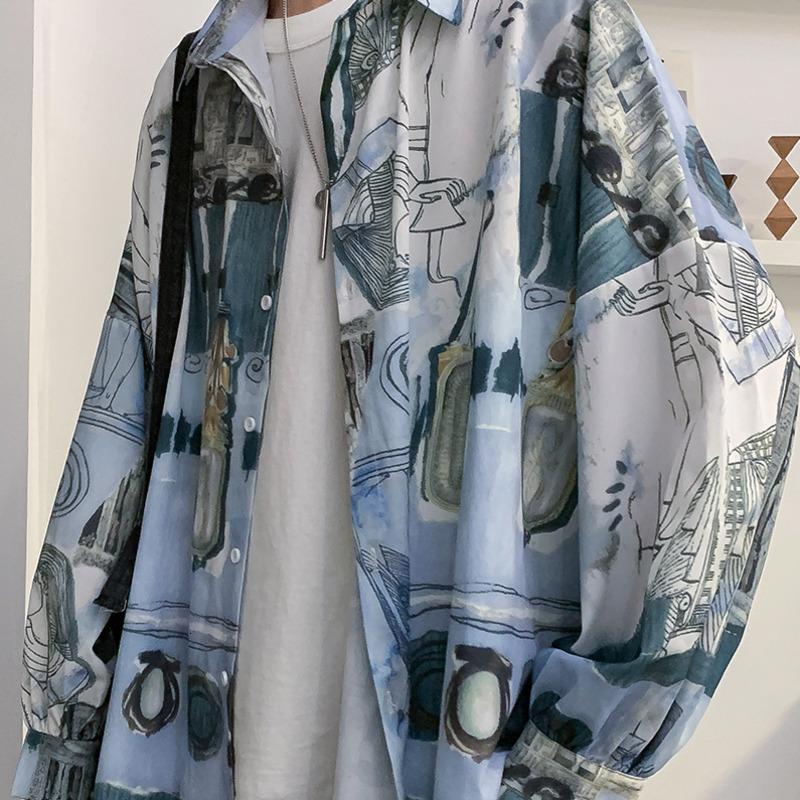 Изображение товара: Рубашка мужская с принтом, Повседневная модная уличная одежда, гавайская Свободная рубашка в стиле хип-хоп, с длинным рукавом, осень