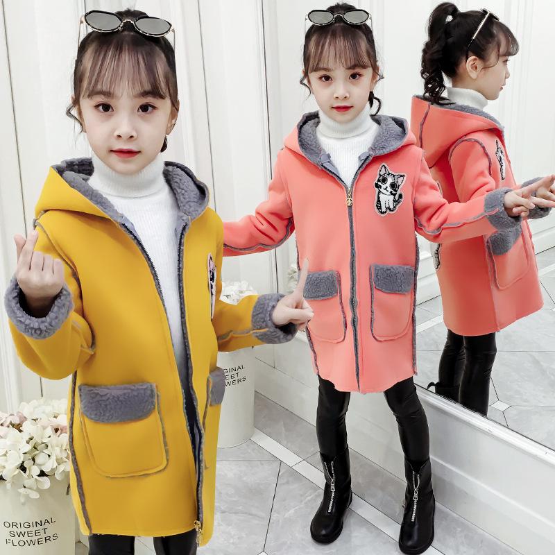 Изображение товара: Зимняя утепленная куртка для маленьких девочек, длинное пальто с капюшоном с котенком, детская одежда, одежда для девочек от 8 до 12 лет, 2020