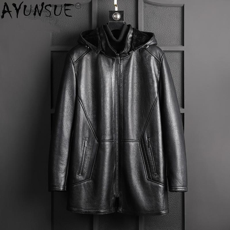 Изображение товара: AYUNSUE зимняя мужская куртка из натуральной овчины, кожаные куртки, Мужская парка с капюшоном, мотоциклетное пальто Ropa Hombre LXR999