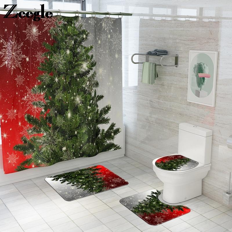 Изображение товара: Рождественский коврик для ванной и занавеска для душа, нескользящий коврик для ванной, впитывающий чехол для сиденья унитаза, набор фланелевых ковриков для ванной