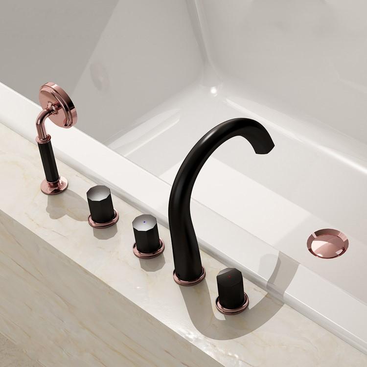 Изображение товара: Роскошный латунный Смеситель для ванны с 5 отверстиями, полный комплект, модный смеситель для холодного и горячего душа-черный, розовое золото