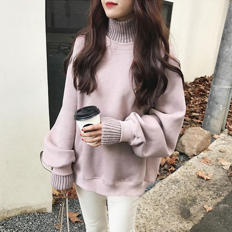 Изображение товара: Женская толстовка с воротником «хомут», однотонный пуловер в Корейском стиле, плотная бархатная женская простая зимняя теплая верхняя одежда, Женская толстовка для девушек