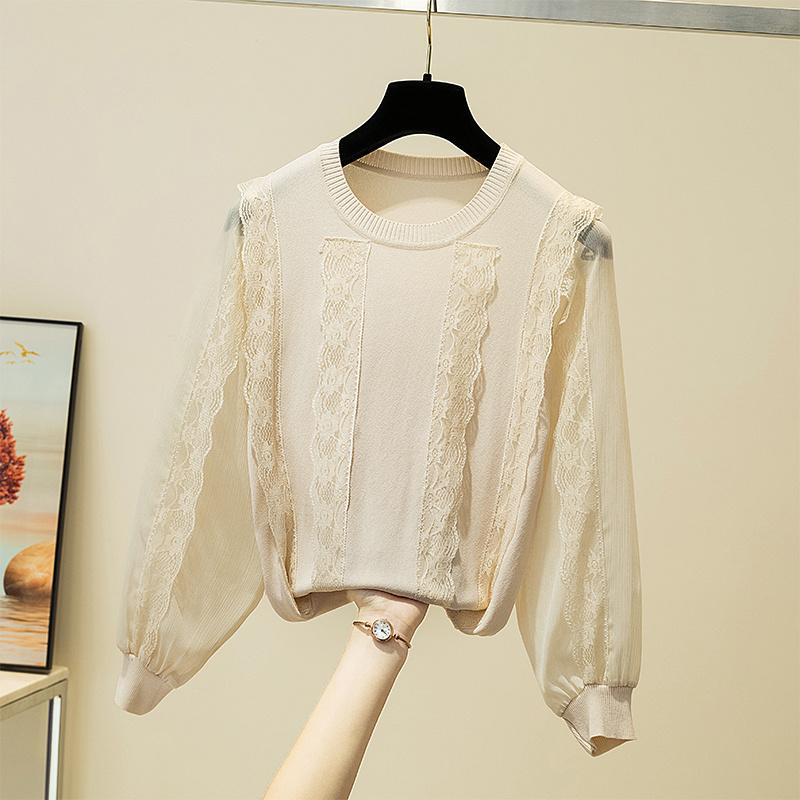 Изображение товара: Осенняя элегантная белая блузка с оборками, Женская Корейская черная рубашка с длинным рукавом, Женская кружевная вязаная женская блузка в стиле пэчворк, 2021, 11730