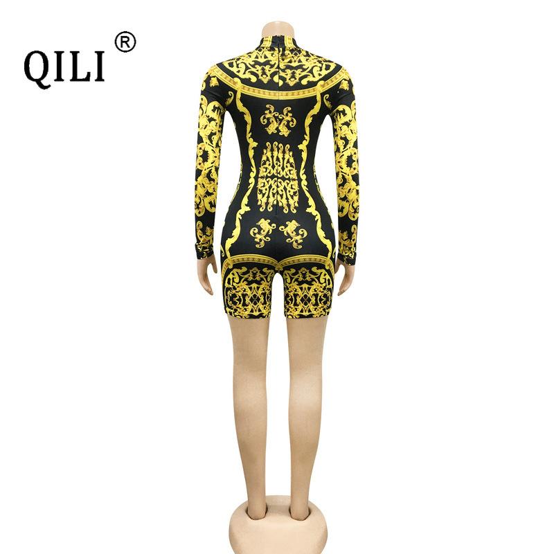 Изображение товара: Женский спортивный костюм QILI, облегающие шорты с винтажным принтом, с длинным рукавом, для отдыха и путешествий, Женский спортивный комбинезон
