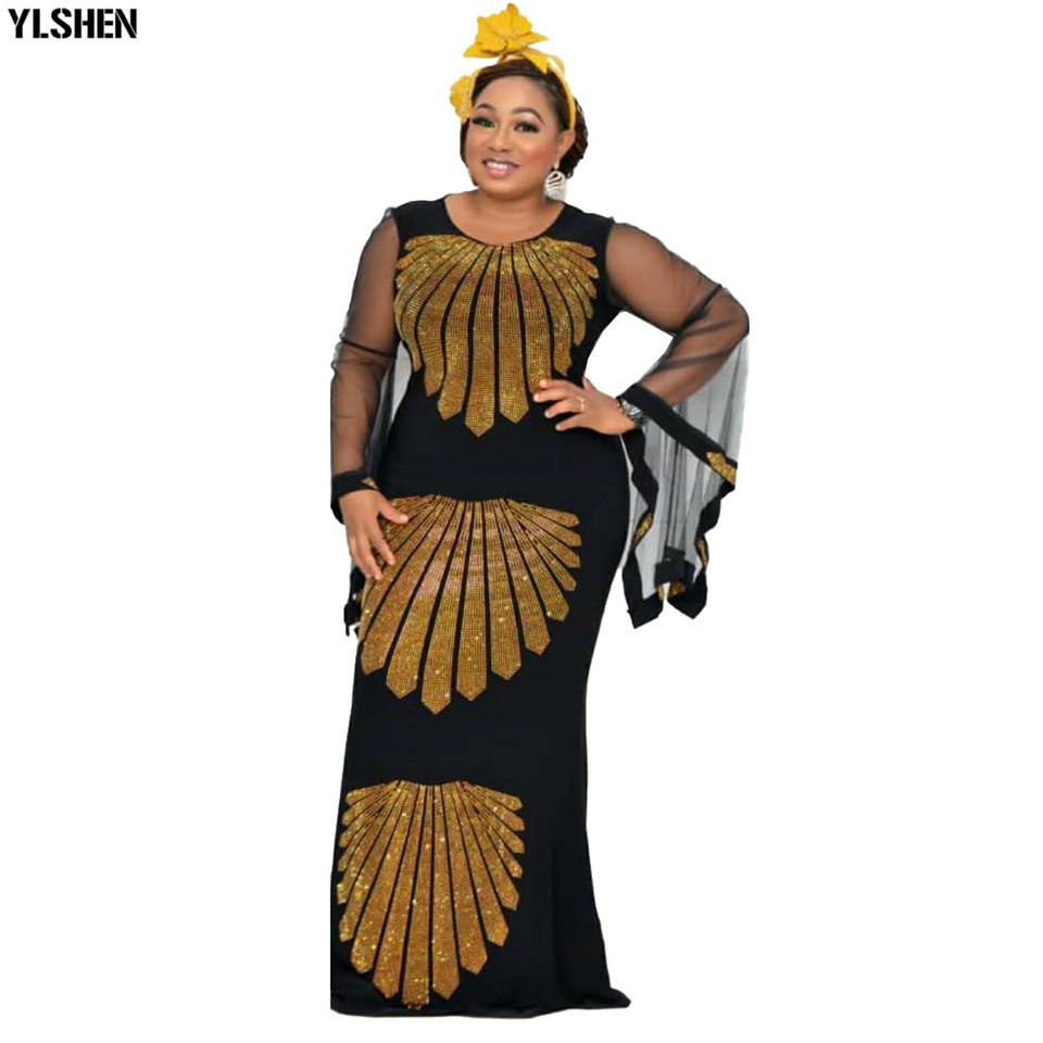Изображение товара: Африканские платья для женщин, сетчатый халат Дашики с оборками на рукавах, Африканское платье, африканская одежда, суперэластичное вечерние Макси-платье со стразами