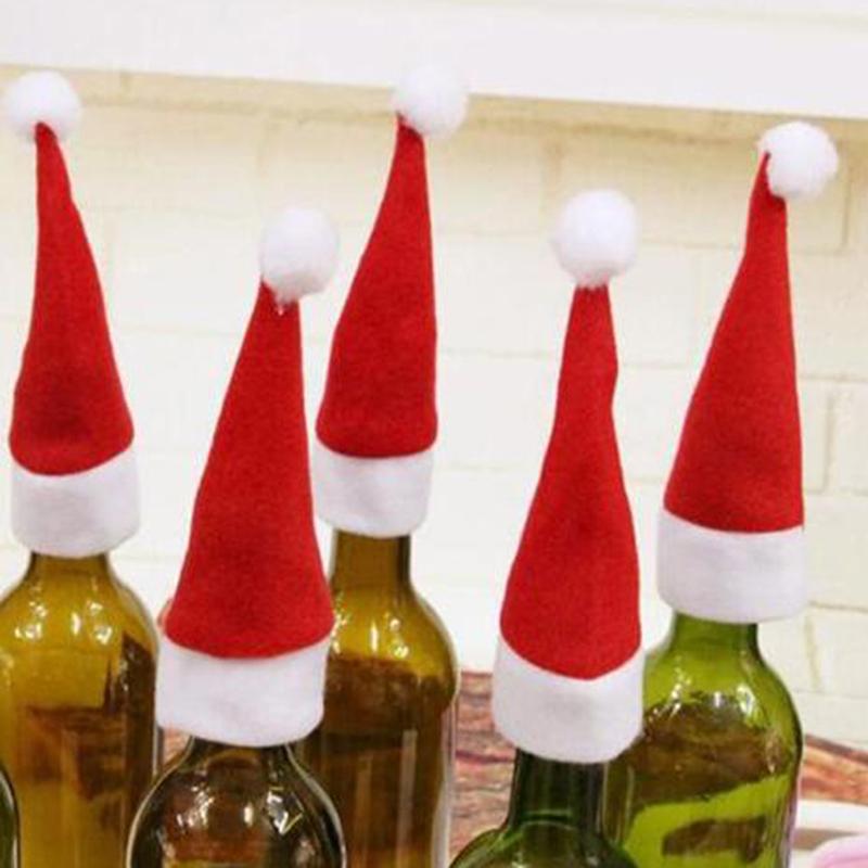 Изображение товара: Рождественская шапка Санта-Клауса на чашку шляпа мини Санта, подарки на Рождество, крышка для бутылки вина шапки рождественские украшения подарок 10 шт./компл.