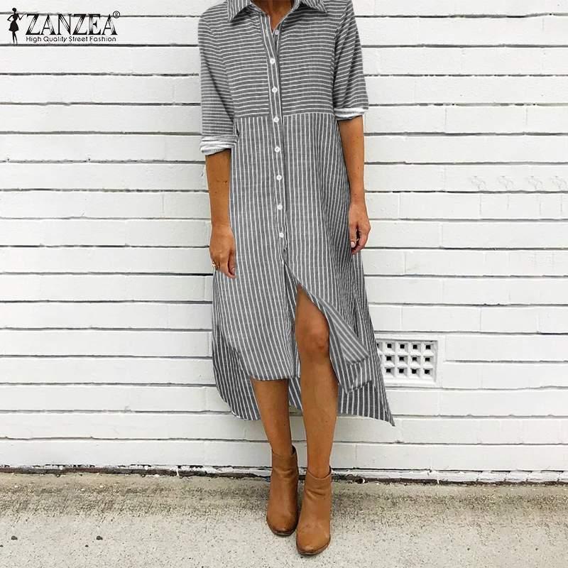 Изображение товара: Платье ZANZEA женское средней длины с отложным воротником, Повседневная рубашка в полоску, Осеннее с длинным рукавом, 2022