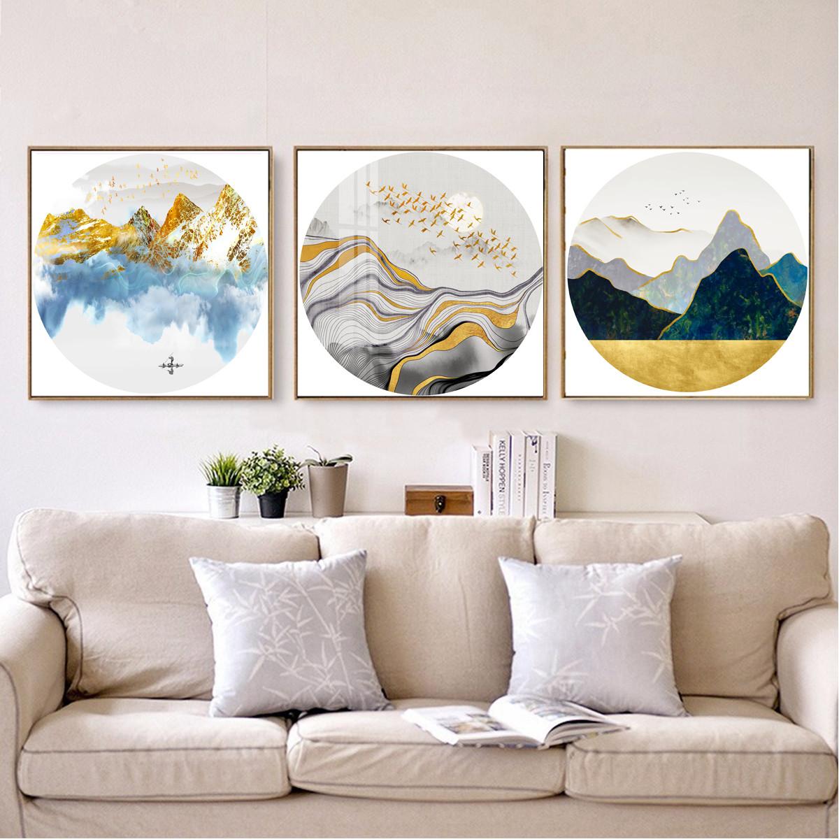 Изображение товара: Постер на холсте с изображением зеленых и золотых гор, птиц, пейзажа, настенное украшение для гостиной