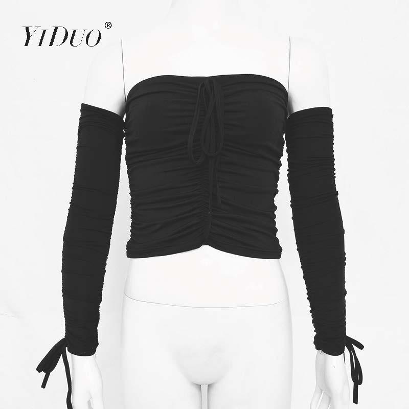 Изображение товара: Облегающий осенний женский топ YiDuo на шнуровке, пикантный укороченный Топ с длинным рукавом и открытыми плечами, уличная одежда, повседневная однотонная черная белая футболка