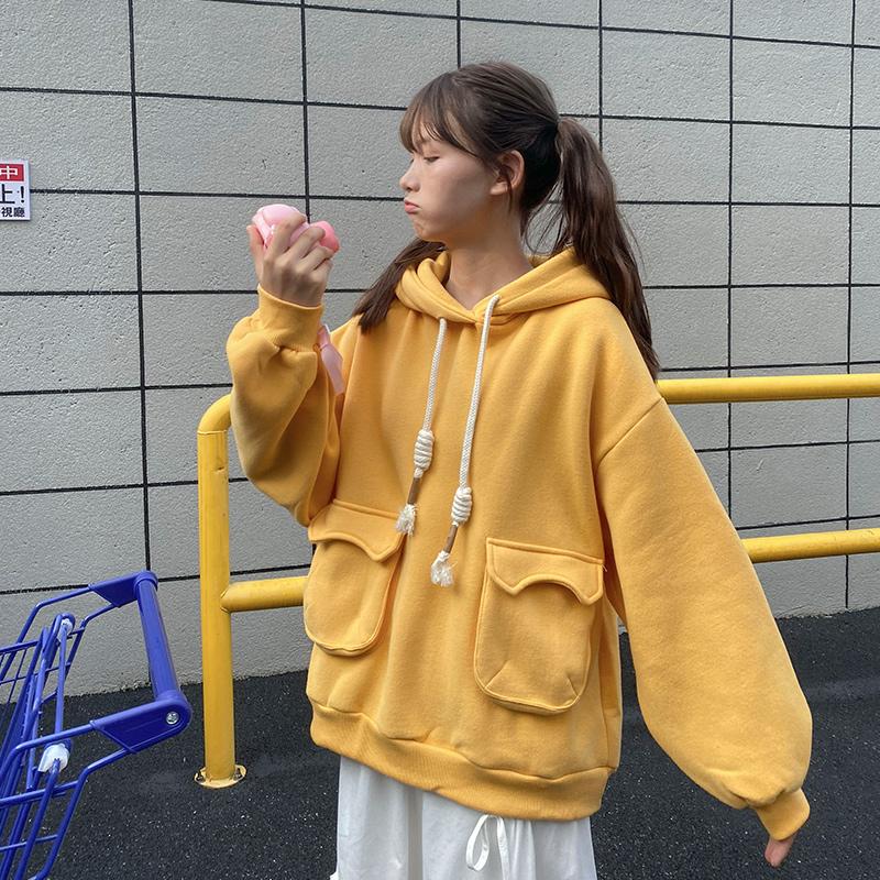 Изображение товара: Свитшот женский однотонный свободного кроя, милая Толстовка в японском стиле, худи с капюшоном для девушек, пуловер в стиле Харадзюку, Осень-зима 2020