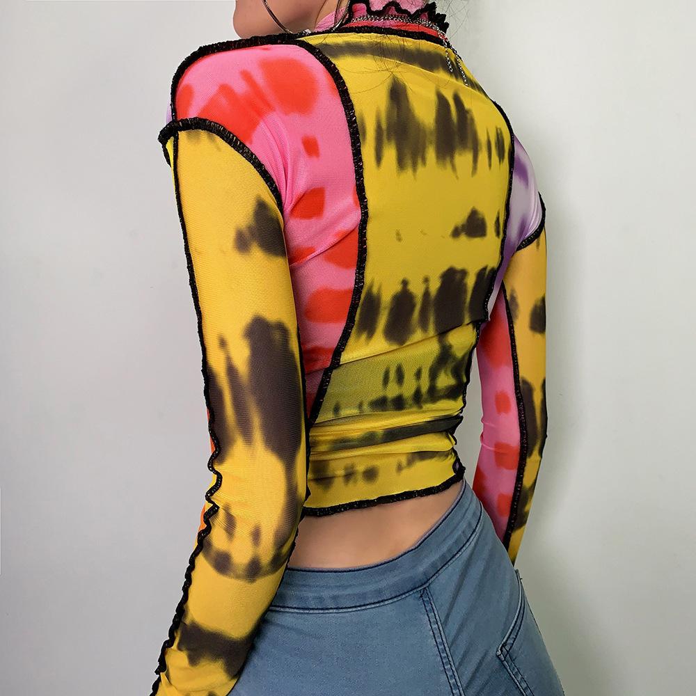 Изображение товара: Цветная Красивая хипстерская Женская водолазка, осень 2022, женская тонкая прозрачная футболка контрастных цветов, сексуальная Базовая футболка, модный уличный Топ