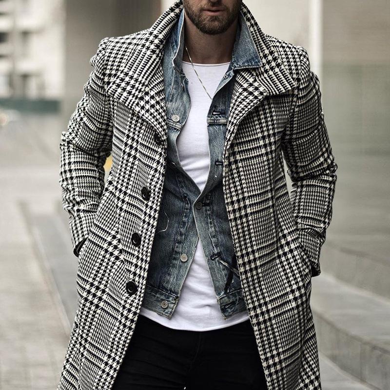 Изображение товара: Мужское шерстяное пальто, ветровка, дизайнерская клетчатая однобортная куртка с отворотом, Мужская Брендовая верхняя одежда с длинным рукавом, роскошное пальто средней длины