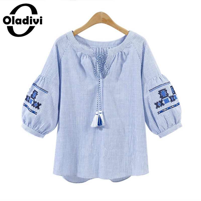 Изображение товара: Женская рубашка Oladivi, в полоску, с вышивкой, большого размера, лето-осень, с коротким рукавом, Свободный Топ, 5XL, 4XL