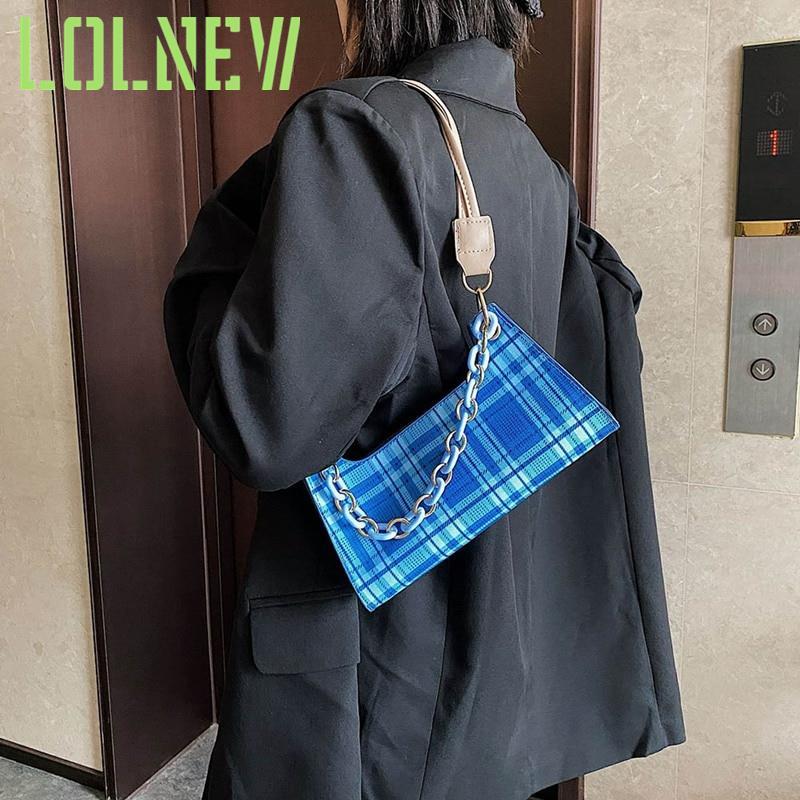 Изображение товара: Винтажная дамская сумочка в клетку, элегантная сумка на плечо, женская сумочка из искусственной кожи под подмышек с цепочкой и верхними ручками, 2020
