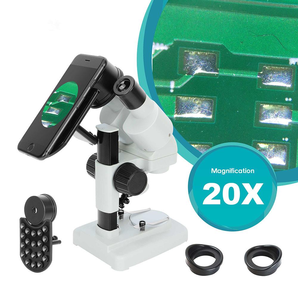 Изображение товара: Бинокулярный стереомикроскоп с держателем для телефона, 20 шт. светодиодный ная подсветка для пайки печатных плат, ремонта мобильных устройств, наблюдения