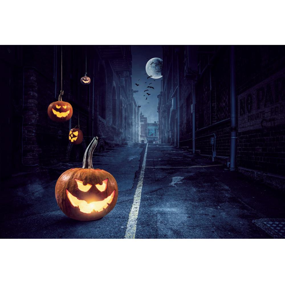 Изображение товара: Виниловый фон для фотосъемки в стиле Хэллоуин, тыква, фонарь, лунный замок летучая мышь, дорога