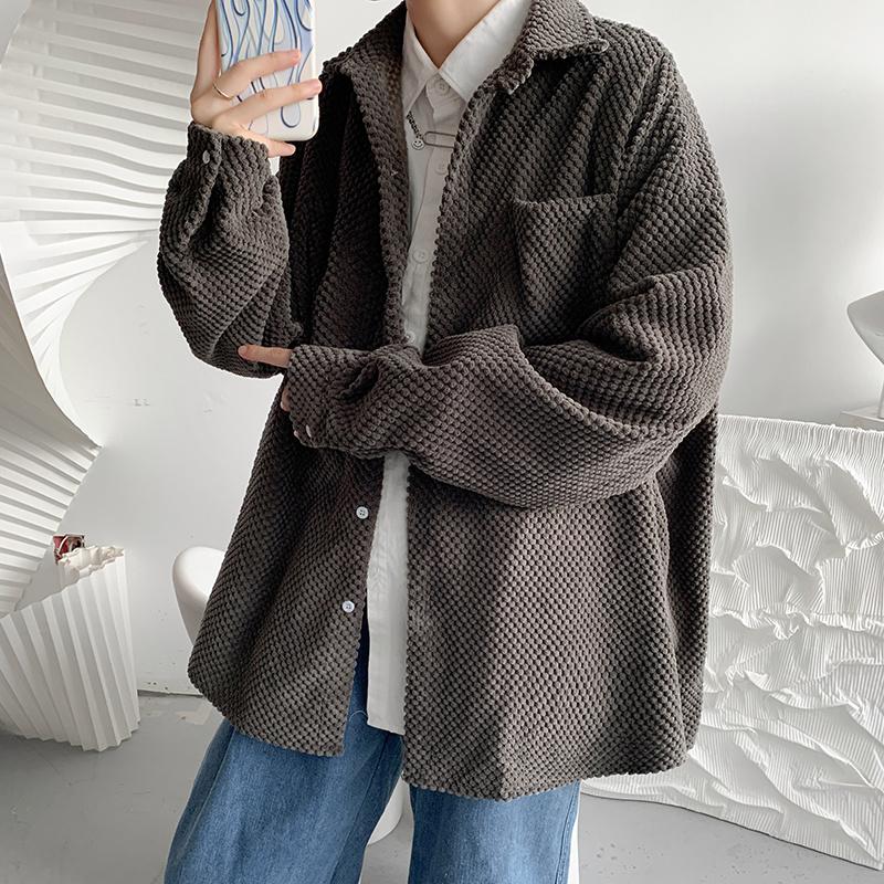 Изображение товара: Осенняя хлопковая Вельветовая рубашка, Мужская модная однотонная клетчатая рубашка, мужские корейские свободные рубашки с длинным рукавом, мужская повседневная рубашка, Женская